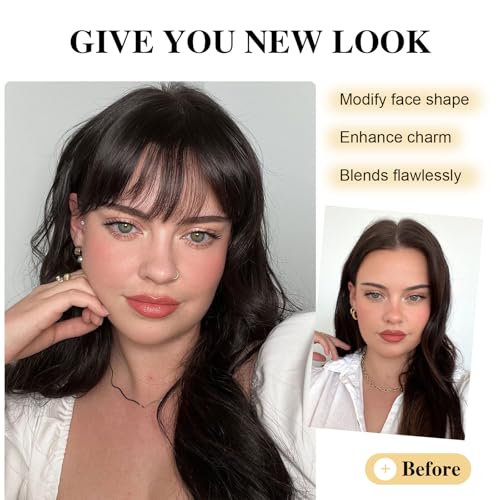 BOGSEA Clip in Bangs Real Human Hair Bangs Hair Clip with Temples Hairpieces for Women Natural Looking Fringe Hair Extension for Daily Wear(Wispy Bangs, (Black))