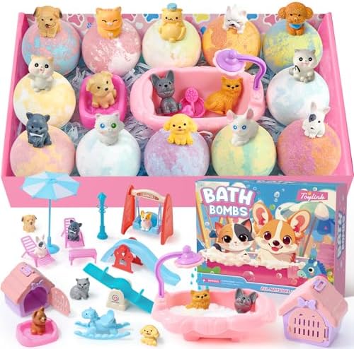 Bath Bombs for Kids with Surprise Inside for Girls Boys, 12 Pack Kids Bath Bombs with Dog & Cat Toys Pretend Playset Handmade Bubble Bath Fizzies Birthday Christmas Gift Set
