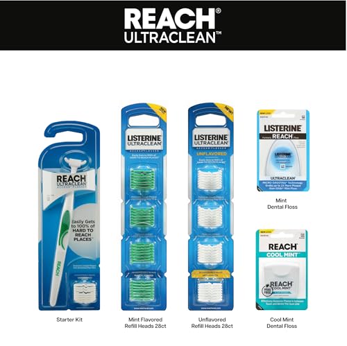 Reach Ultraclean Access Flosser Bundle, Mint, Plaque Remover for Teeth, for Hard to Reach Areas, Oral Care, PFAS-Free, 1 Flosser Starter Kit + 3 Packs Refill Heads