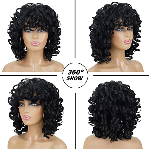 andromeda Curly Wigs for Black Women Soft Black Short Curly Wig with Bangs Afro Loose Curls Heat Resistant Synthetic Wig for African American Women (Black)