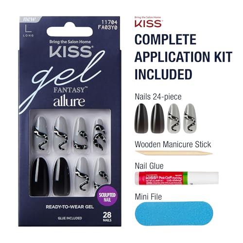KISS Gel Fantasy 28 Pcs Press On Nails, Long Almond Fake Nails, Black Grey Snake Design Stick On Extensions, Reusable Full Cover Kit with Glue, Manicure Stick & File, 7 Day Wear, Vegan & Cruelty Free