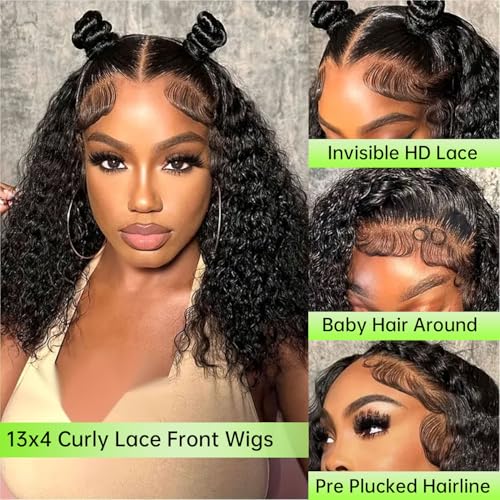 16 Inch Bob Wig Human Hair 200% Density Deep Wave Lace Front Wigs Human Hair for Women Pre Plucked Wet and Wavy Short Bob Wigs 13x4 HD Lace Frontal Wig 100% Virgin Human Hair Burmese Curly