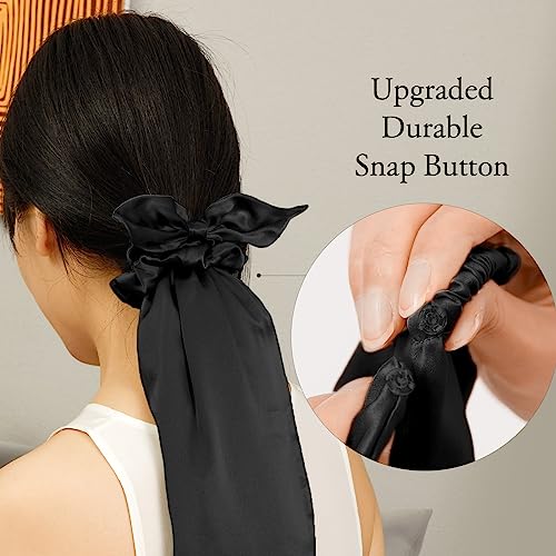 LILYSILK 100% Silk Bonnet for Sleeping & Daily Usage, 2-in-1 Silk Hair Ties with Silk Scrunchies for Long and Curly Hair Elastic Adjustable for Women Ladies and Girls Black