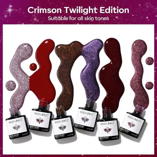 Modelones Gel Nail Polish Set 6 Colors Red Burgundy Brown Purple Glitter Gel Nail Polish Color Changing Sparkle Shimmer Polish Kit Soak Off UV Nail Art DIY Salon Gifts For Women Girl