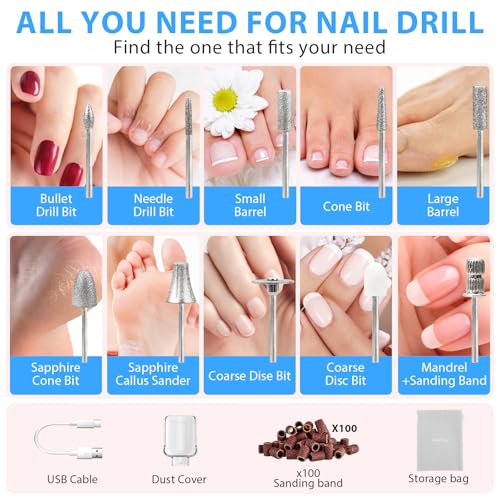 Professional Manicure Pedicure Kit, Cordless Electric Nail File Set, 360° LED Light Nail Drill Machine with LCD Display, 10 Speeds Rechargeable Nail Drill for Gel Nail Thick Toe Nails Christmas Gifts