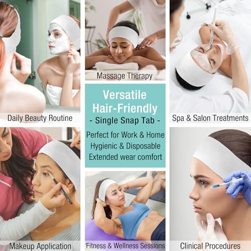 Appearus Professional Disposable Headbands with Single Snap Tab - 100 Pack Individually Wrapped Spa Headbands for Estheticians, Makeup Artists & Salon Professionals