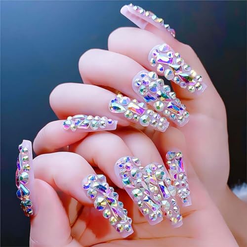Luxurious 3D Crystal Press on Nails Long Coffin False Nails with Nail Glue Fake Nails With Rhinestones Designs Salon DIY Manicure Reusable Fake Acrylic Diamonds Nail Art Tips Gifts for Women 24Pcs