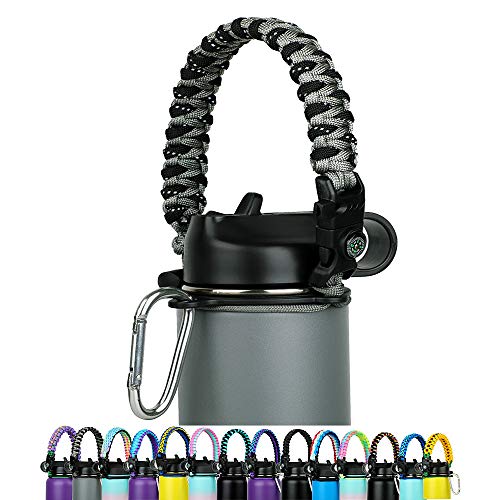 WEREWOLVES Paracord Handle - Fits Wide Mouth Bottles 12oz to 64oz - Durable Carrier, Paracord Carrier Strap Cord with Safety Ring,Compass and Carabiner - Ideal Water Bottle Handle Strap (Grey-Black)
