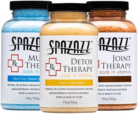 Spazazz Hot Tub Aromatherapy RX Muscle Detox Joint Bath Salt Crystals Bundle. Three Jars of 19oz Spazazz Hot Tub Crystals with Hot/Cold Towel and 5-Point Full Body Massager