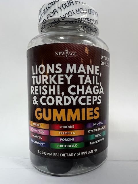 NEW AGE Mushroom Lion's Mane Supplement Gummies - Comprehensive Mushroom Supplement with Reishi, Cordyceps - 180 Count
