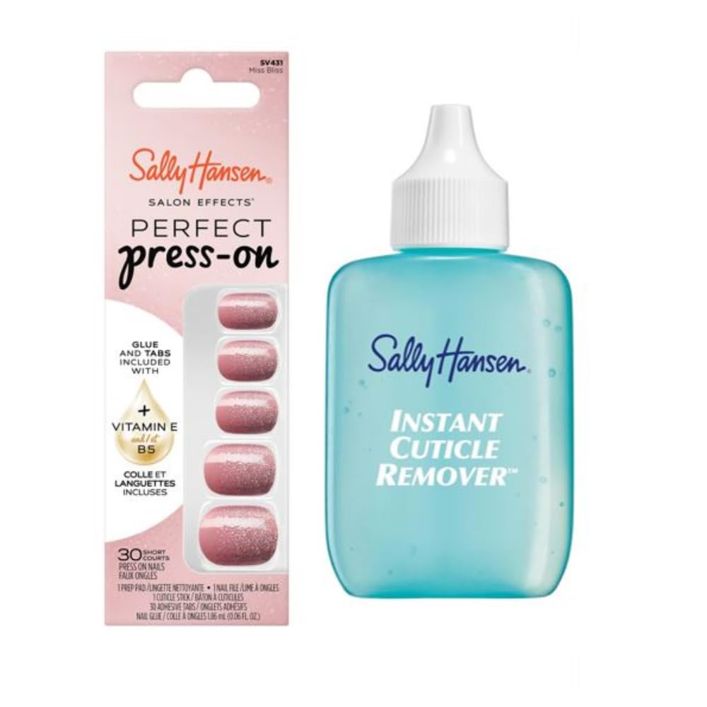 Sally Hansen Instant Cuticle Remover | Miss Bliss Press-On Nails Kit – Fast Gel Formula with Aloe, 30 Designs