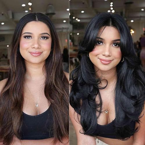 Aisaide Long Wavy Black Layered Wig with Curtain Bangs for Black Women,Synthetic Layered Long Wavy Wig Butterfly Haircut with Thin Hair for Women 24inch(1B)