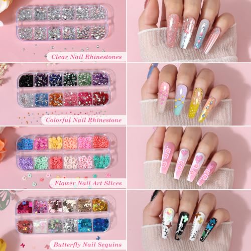 Acrylic Fake Nails Kit Press On Nail Kit with Clear Coffin Nail Tips Nail Display Stand Sequins Sticker Rhinestones Decorations Nail Art Brushes Fine Glitter DIY Nail Art Tool and Supplies