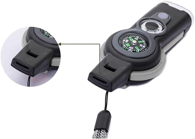 7 in 1 Multi-Function Compass, Outdoor Survival Safety Whistle Compass Thermometer LED Mirror Magnifying Glass Multitool for Camping, Hiking, Hunting, Fishing and Adventure