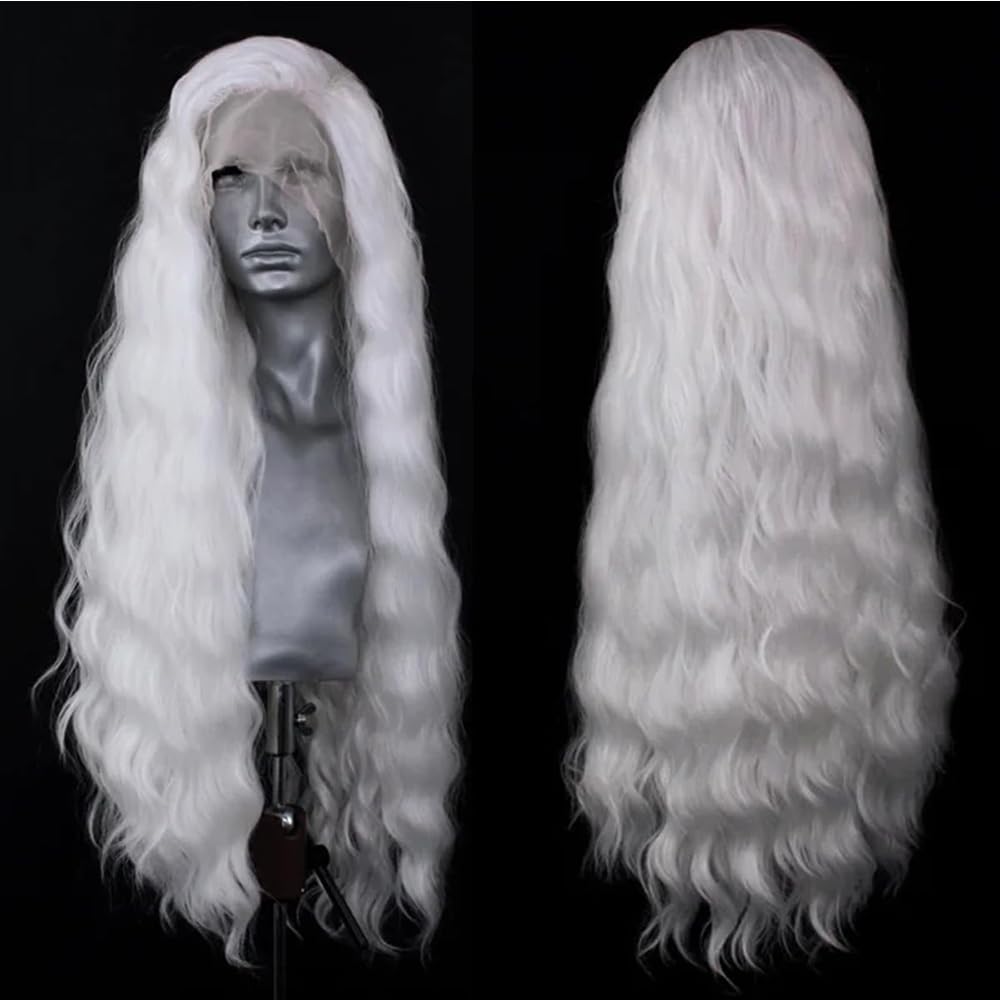 ELESTY Long Wavy White Hair Synthetic Lace Front Wig For Women Heat Resistant Fiber Loose Curly Lace Front Wig Glueless Lace Wigs Pre Plucked Natural Hairline Cosplay Party Wigs 24Inch