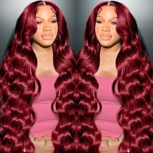 99j Burgundy Lace Front Wigs Human Hair 13x4 Body Wave Lace Front Wigs Human Hair Pre Plucked Glueless Red Wig Wine Red Lace Front Wigs Human Hair Wigs for Women 180 Density 26 Inch