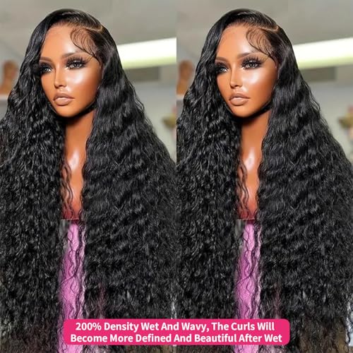30 Inch 13x6 Lace Front Wigs Human Hair Water Wave 200 Density 13x6 HD Full Lace Frontal Wigs Pre Plucked Wet and Wavy Glueless Deep Curly Human Hair Wigs for Women Natural Black