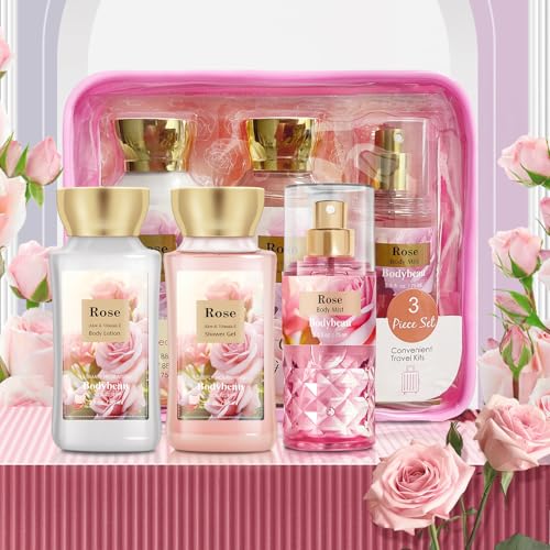 Bath and Body Gift Set for Women & Girls, Rose 3PCS Set for - Shower Gel, Body Lotion, Body Mist, Personal Portable Body Care Travel Set, Home Spa Set for Birthday Mother's Day Gifts for Her