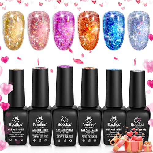 Beetles Glitter Gel Nail Polish 6 Colors Orange Gold Hot Pink Blue Shimmer Silver Colors Sparkly Shiny UV Gel LED Nail Lamp Gel Polish Kit for Home DIY Nail Designs