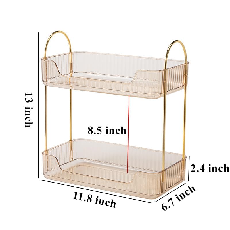 Bathroom Organiser Countertop, Vanity Trays for Bathroom, Skincare Makeup Organiser Shelf, Vanity Organiser, Bathroom Counter Shelf for Cosmetics, Toiletries, Lotions, Perfumes (2 Tiers, Amber)