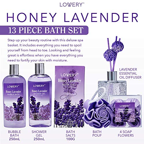 Bath and Body Gift Basket For Women and Men, Honey Lavender Home Spa Set with Essential Oil Diffuser, Soap Flowers, Bath Salts, Bubble Bath & More - 13 Piece Set, Presents for Mom