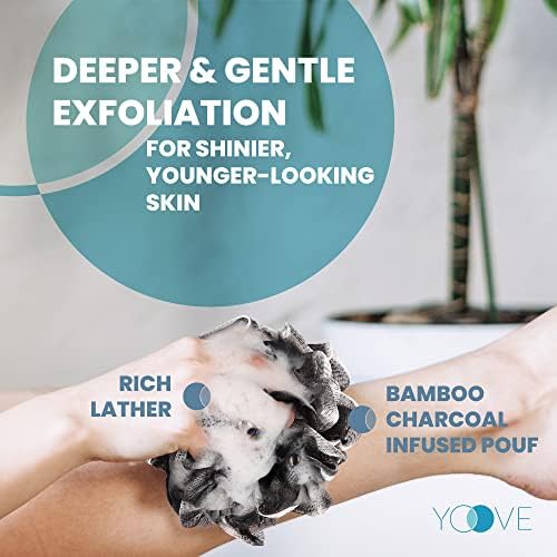 Bamboo Charcoal Infused Back Scrubber - Loofah with Handle | Exfoliating Shower Loofah for Men & Women - Features 1 Loofah on a Stick, 1 Loofa Pouf; Includes Hook (Black)