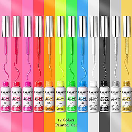 RARJSM Painted Gel Nail Polish Set, Line Art Gel 12 Colors Neon Pink Yellow Green Glitter Silver Gold Nail Art Painting Manicure Tools DIY Drawing NailGel for Line U V L E D Required