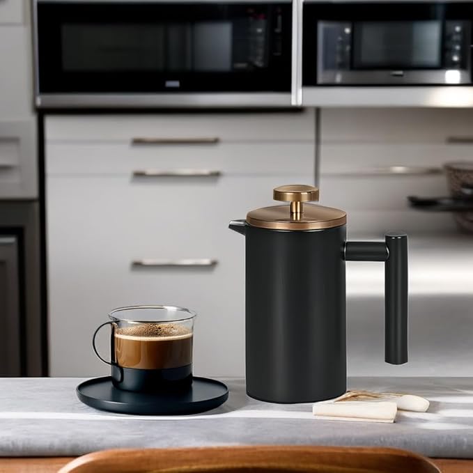 Small French Press 350ml Black, Double-Wall Insulated French Press Coffee Press Stainless Steel for travel camping, Single Cup Pour Over Coffee Maker Black(1 cup, 12 OZ)