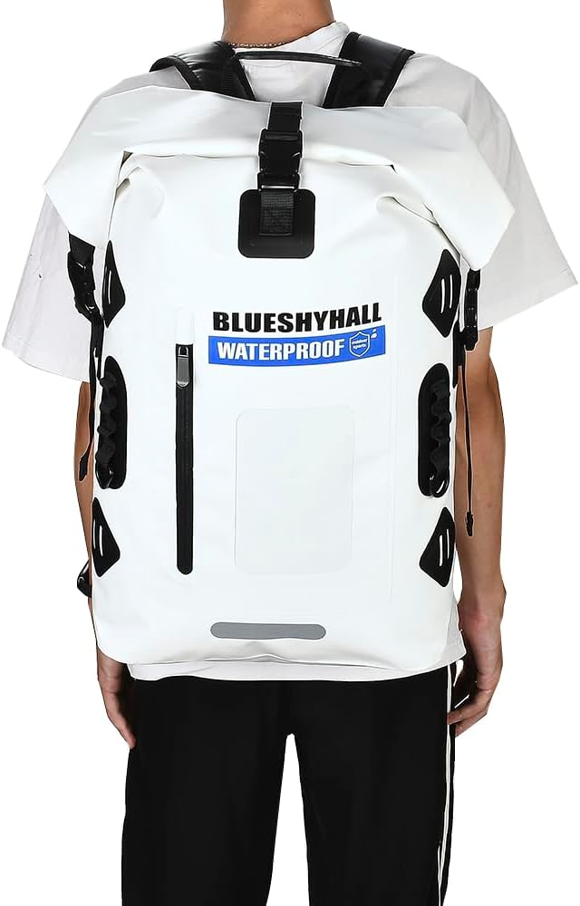 Blueshyhall 35L Waterproof Dry Backpack, Outdoor Travel Roll Top Closure Water Repellent Duffle Storage Sack for Kayaking Rafting Boating Fishing Camping and Beach - White
