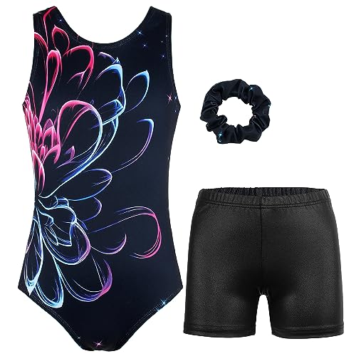 MODAFANS Gymnastics Leotards for Girls with Shorts Ballet Dance Set Activewear Bright Tie-dye,4-5Years
