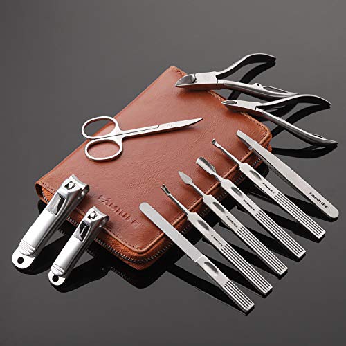 FAMILIFE Manicure Set, Professional Manicure Kit Nail Clippers Set 11 in 1 Stainless Steel Pedicure Tools Nail Kit Men Grooming Tool with Portable Brown Leather Travel Case Luxury Gifts for Him