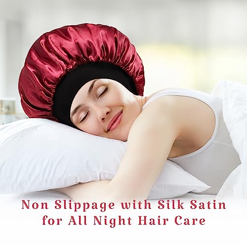 2pcs Double Layer Two-Color Satin Silk Hair Bonnet for Sleeping Women, Reversible Sleep Bonnets for Women, Wide Band Sleep Cap for Curly Hair Braids
