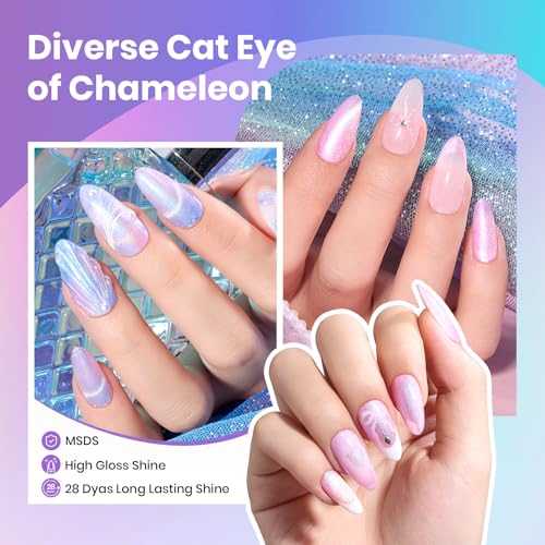 Beetles Cat Eye Gel Nail Polish Set - 6 Colors Summer Chameleon Cat Eye Green Pink Blue Purple Mermaid Gel with Magnet Soak Off UV Prismatic Mirage Collection Salon Nail Art Manicure Gift for Women