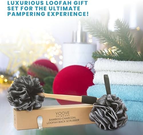 Bamboo Charcoal Infused Back Scrubber - Loofah with Handle | Exfoliating Shower Loofah for Men & Women - Features 1 Loofah on a Stick, 1 Loofa Pouf; Includes Hook (Black)