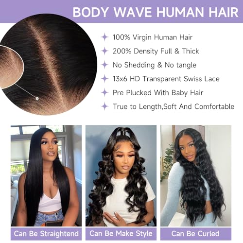 32 Inch Body Wave Lace Front Wigs Human Hair Pre Plucked With Bleached Knots 13x6 HD Lace Frontal Human Hair Wigs 200 Density Natural Color Human Hair Wig Glueless Wigs Human Hair