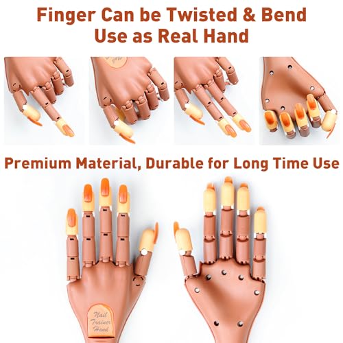 Acrylic Nails Flexible Practice Fake Hand, BORNBYME Nail Training Adjustable Finger Kits, Fake Nails Hands for Nail Beginner Practice with 200 PCS Nail Tips