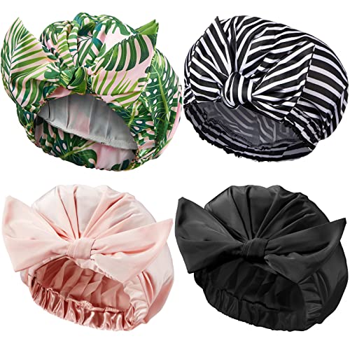 4 Pcs Shower Caps for Women, Waterproof Reusable Shower Hair Caps Bowknot Satin Bath Hair Caps Elastic Hem Turban Bath Caps for Long Short Curly Hair Women Girls (Stripe)