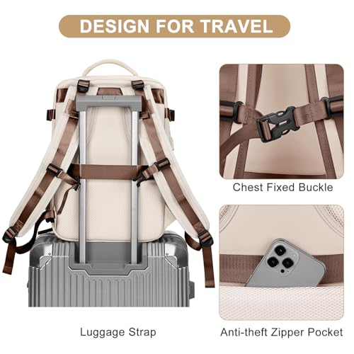 coofay Large Travel Backpack Carry on Flight Approved Mochila De Viaje Personal Item Travel Bag Backpacks for Men Women Carry on Backpack for Airplanes 18x14x8 Inches Travel Bag Beige with Brown