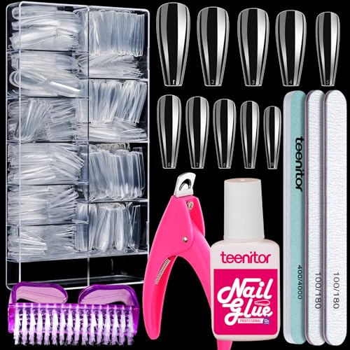 Teenitor Clear Coffin Nail Tips Set, Long Acrylic Nail Kit Full Cover Clear Press On Nails, 600 Pcs Fake Nails with Glue, Acrylic Nail Clipper Files and Buffer Polisher
