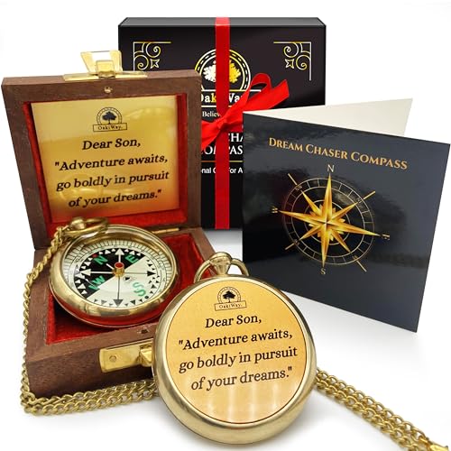 The Dream Chaser Compass in Wooden Box - Son Gifts, Graduation Gifts for Him, Birthday Gifts for Men, Inspirational, Motivational, Christmas, 2024 College Graduates, Grandson - Greeting Card Included