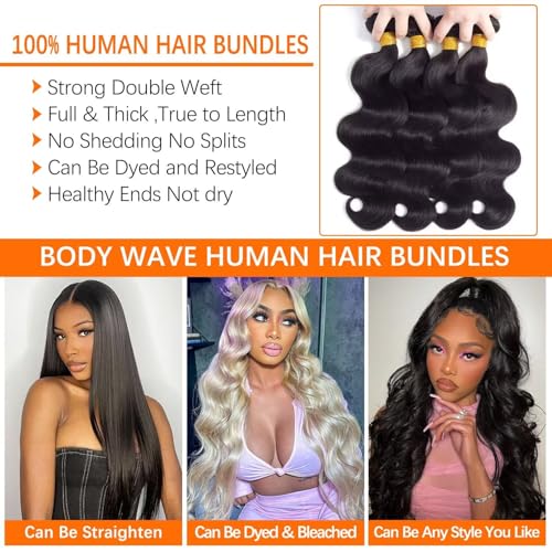 12A Human Hair Bundles 26 28 30 Inch Body Wave Bundles Human Hair 100% Unprocessed Brazilian Virgin Hair 3 Bundle Weave Human Hair Extensions Real Human Hair for Women Natural Black