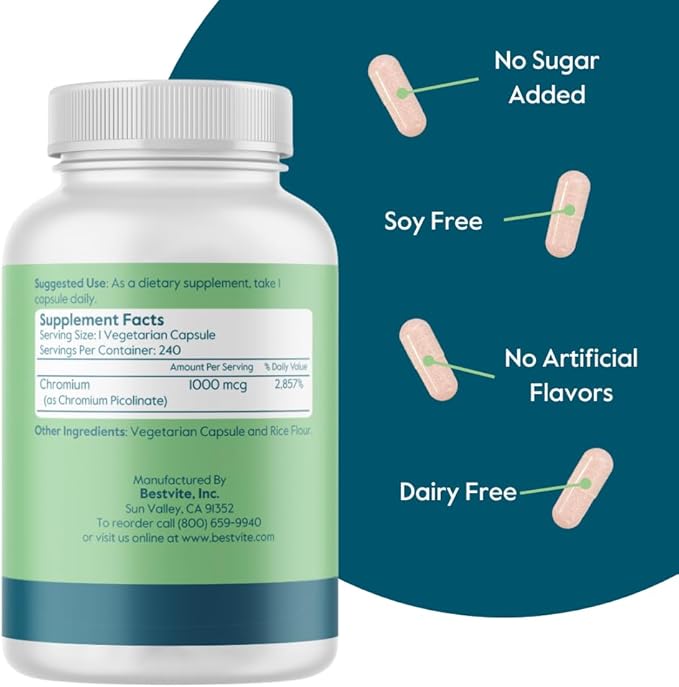 BESTVITE Chromium Picolinate 1000mcg (480 Vegetarian Capsules) (240 x 2) - No Stearates - No Dicalcium Phosphate - Vegan - Gluten Free - Non-GMO