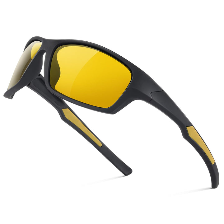 Fanshen Sports Polarized Sunglasses Men - Wrap Around Mens Sunglasses for Mens Womens Cycling Running UV Protection (Matte Black/Clear Yellow)