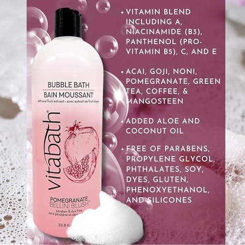 Vitabath Pomegranate Bellini Blush Bubble Bath Rich Foaming Bubbly Soak & Relaxing Aromatherapy Moisturizing & Nourishing Indulgent Suds for Women & Men All Skin Types - 33.8 fl oz