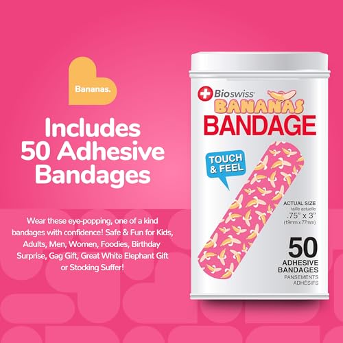 BioSwiss Bandages, Banana Print Self Adhesive Bandage, Latex Free Sterile Wound Care, Standard Shape for Kids and Adults, 50 Count