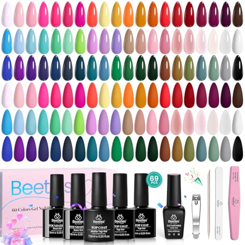 Beetles Gel Nail Polish Set - 69PCS 60 Colors Gel Polish Kit Base Coat Glossy & Matte Top Coat Soak off Emotional Spectrum Collection Red Black Nude White Neon All Seasons Gifts for Women