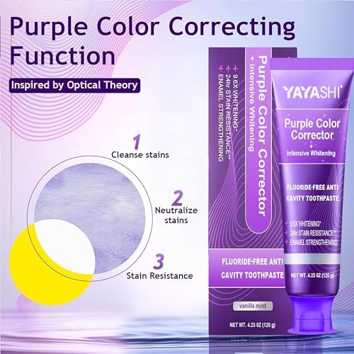 Purple Color Corrector Whitening Toothpaste, Fluoride-Free,Deep Stain Remover Toothpaste, Plaque Remover for Teeth,freshens Breath,Vanilla Mint