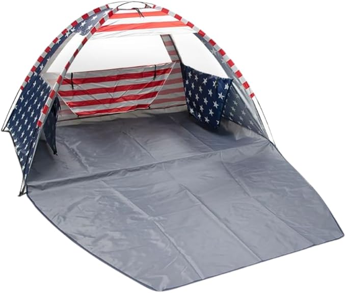 American Flag Portable Beach Tent Anti UV for 3-4 Person – Premium Beach Tent Sun Shelter with 3 Large Mesh Windows – Shade Tent for Camping Essentials - Beach Essentials for Women & Men (Easy Set up)