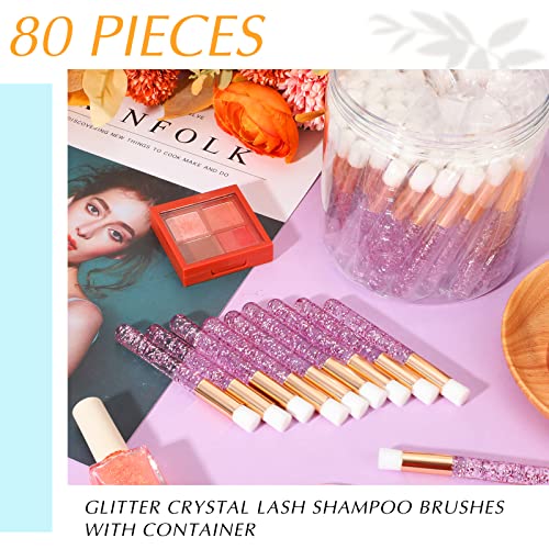 80 Pcs Lash Shampoo Brushes with Container Pink Eyelash Cleaning Bulk Glitter Eyelash Extension Cleansing Crystal Facial Cosmetic Lash Shampoo Brushes Blackhead Removing