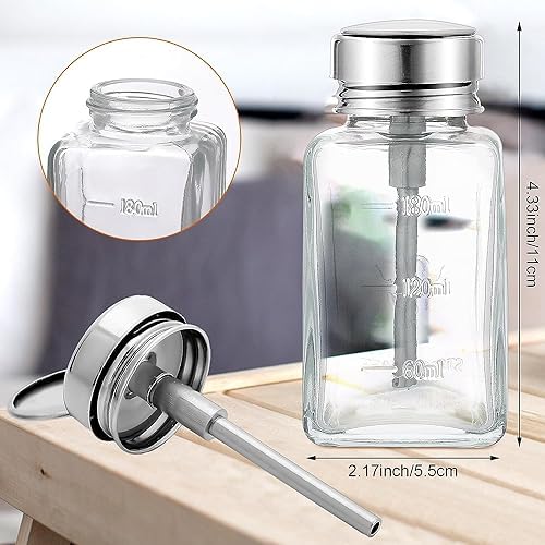 2 Pcs 6 Oz/ 180 ml Clear Pump Dispenser Bottle with Metal Flip Cover Glass Nail Polish Remover Push Down Dispenser Bottle Refillable Push Down Pump Dispenser Press Container for Makeup Remover